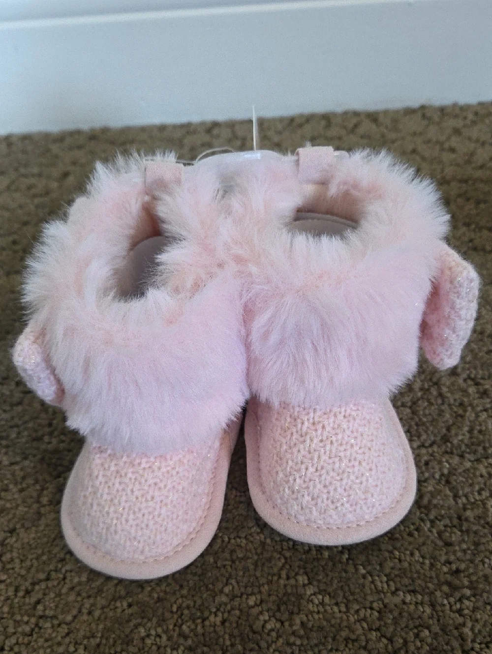 2 Pair Lullaby Lane Faux Fur Booties- Pink Knit & Chocolate Brown Size 2 3 4 NWT